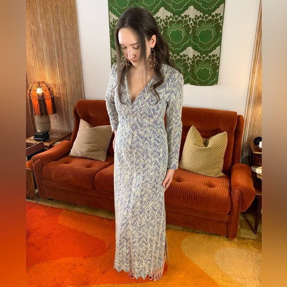 70s Hippie Era Handmade Woven Chevron Maxi Dress, M - Picture 1 of 8